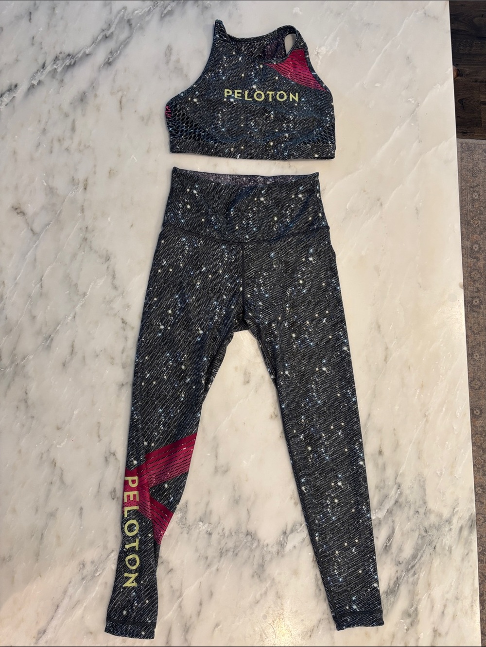 Peloton Black Galaxy Print Kids Leggings with Magenta Accent